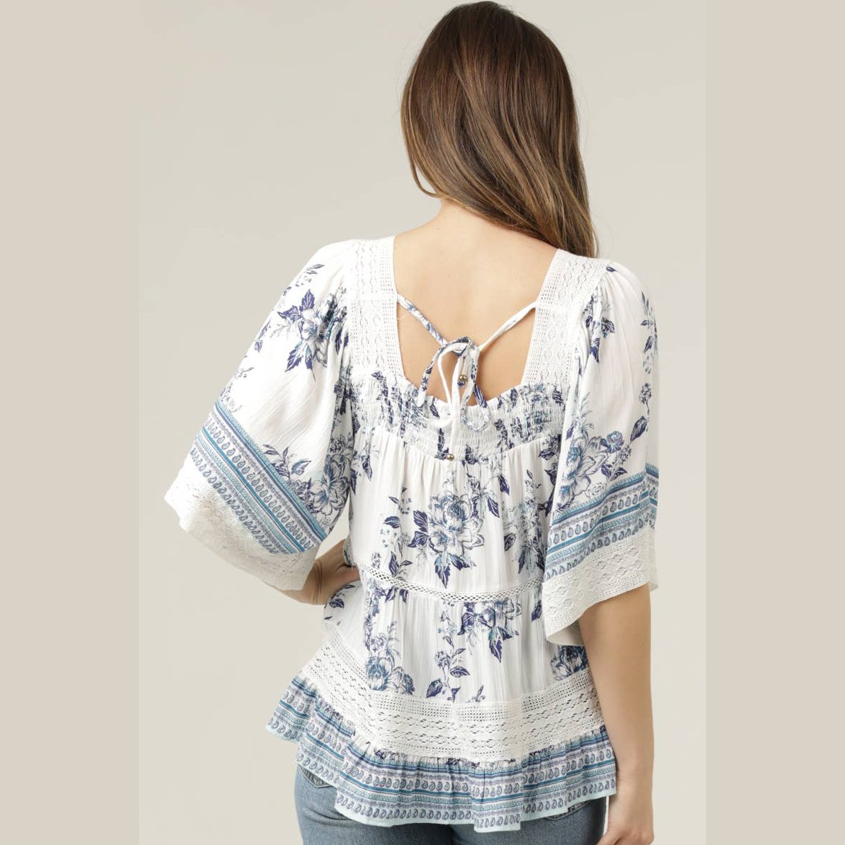 SQUARE NECK LACE TRIM FLORAL PRINT BLOUSE - The Feral Market