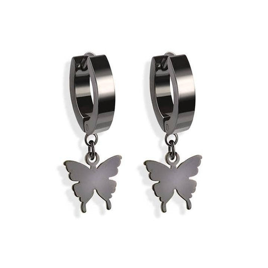 STAINLESS STEEL HUGGIE/HOOP EARRINGS W/BUTTERFLY