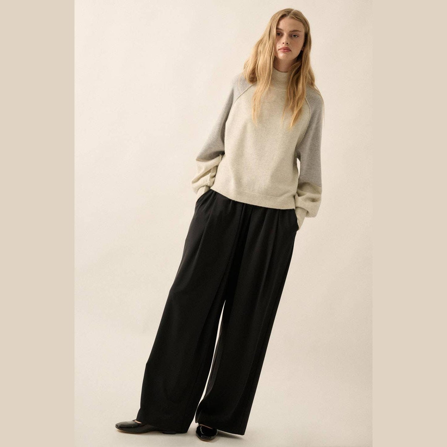 Colorblock Knit Bishop-Sleeve Mock-Neck Sweater