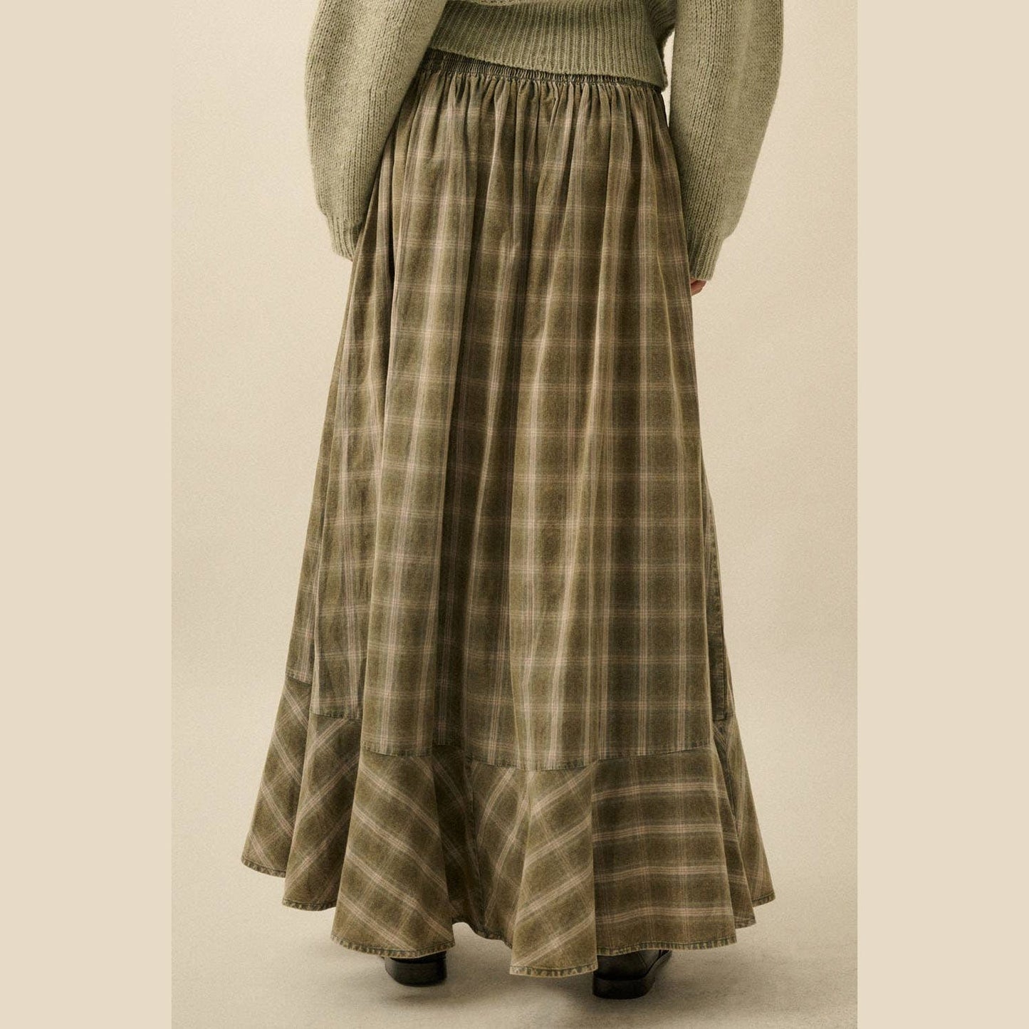 Plaid Flannel Button-Front Drawstring Maxi Skirt