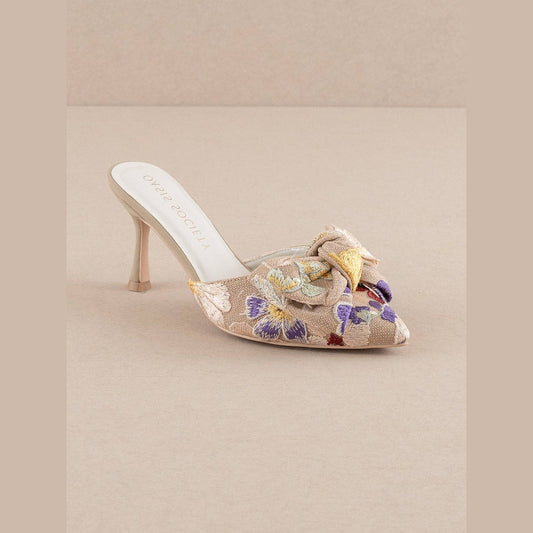 The Jane | Floral Pointed Toe Bow Accent Kitten Heel