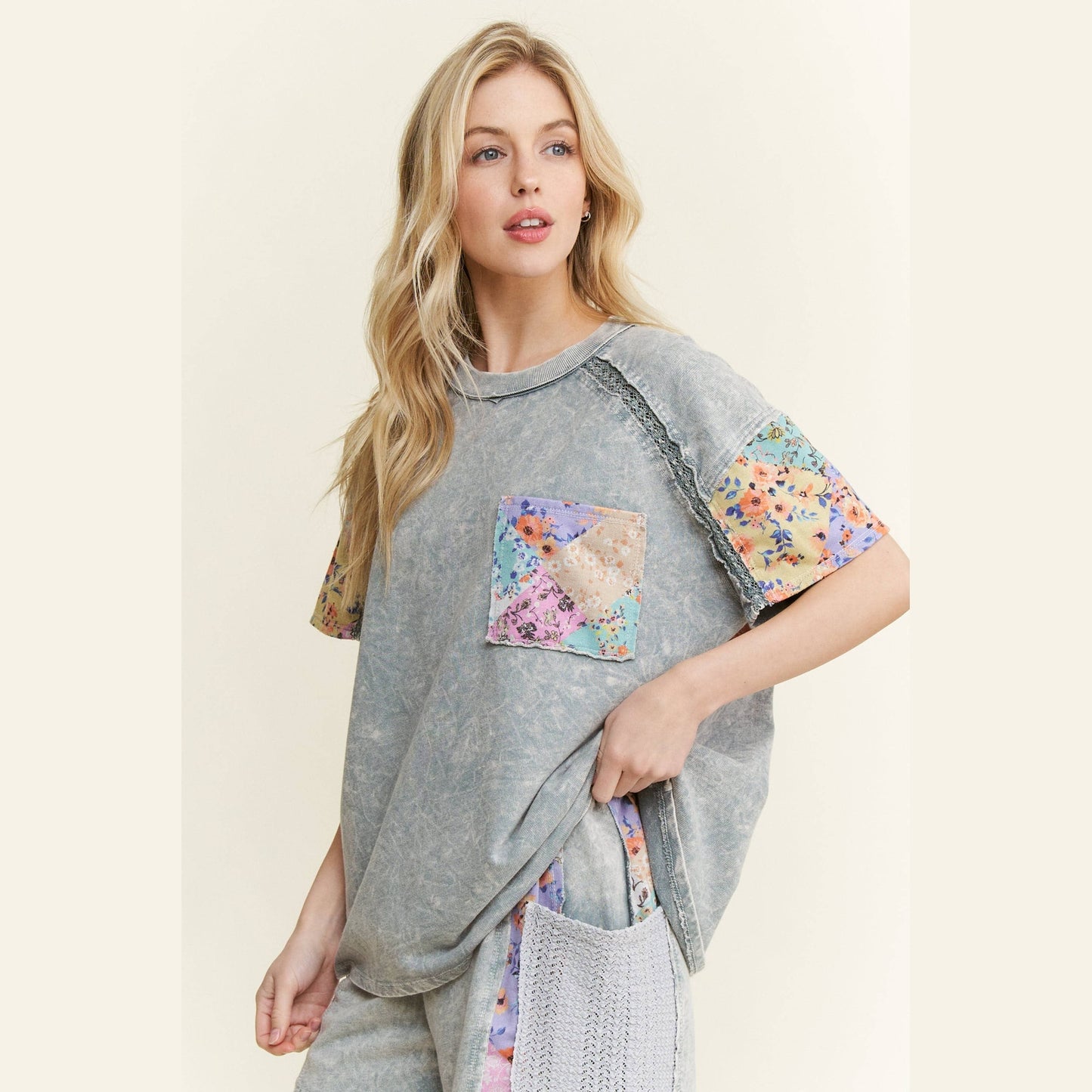 Mineral Washed Flower Patch Pocket Top