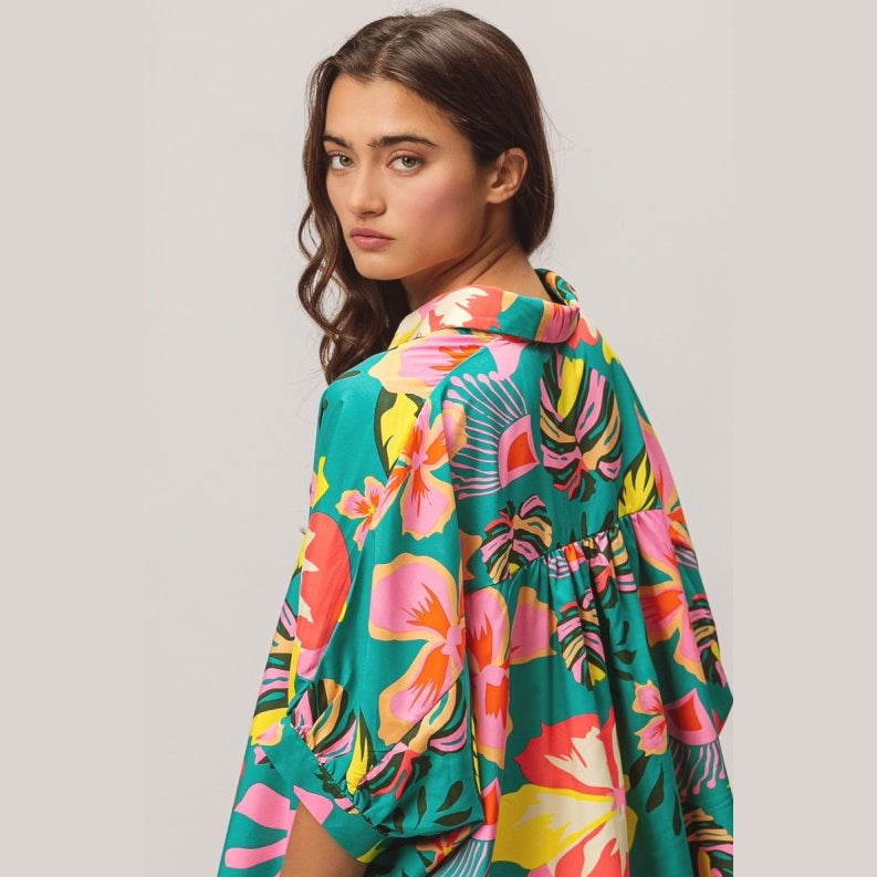 Floral Print Short Dolman Sleeve Blouse