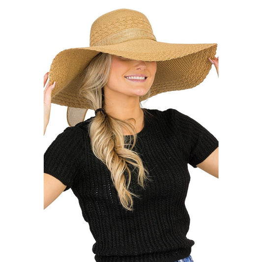 Scallop Hem Burlap Bow Paper Straw Floppy Sun Hat