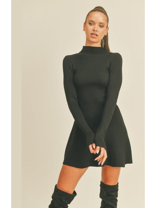 Mock Neck Fit Flare Sweater Mini Dress