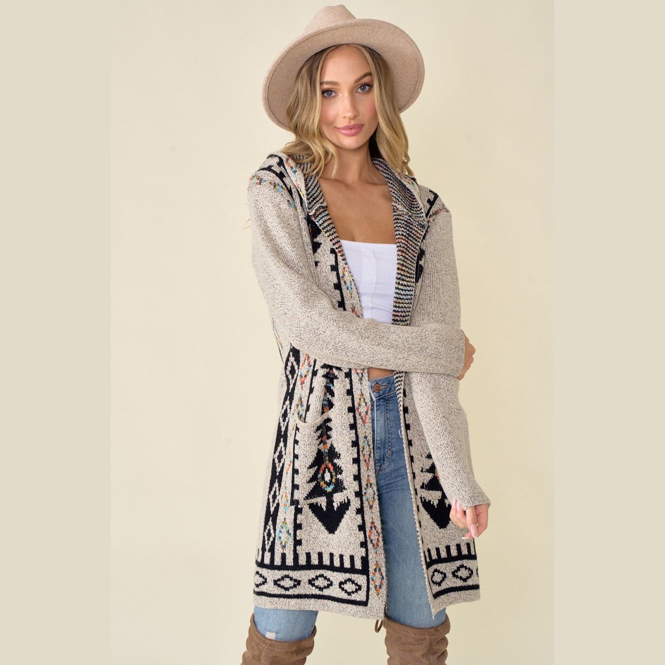 Anika Hooded Cardigan with Rainbow Aztec
