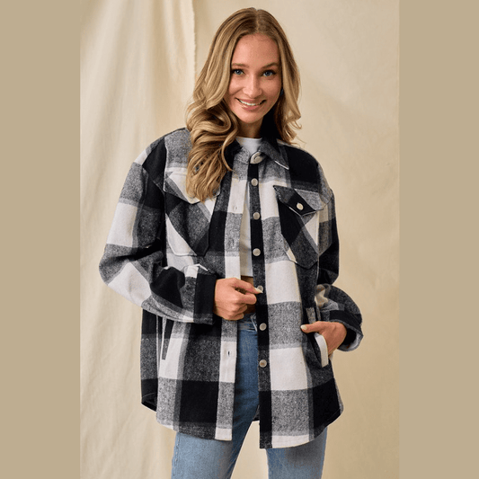 Marla Brushed Flannel Plaid Button Pocketed Shacket