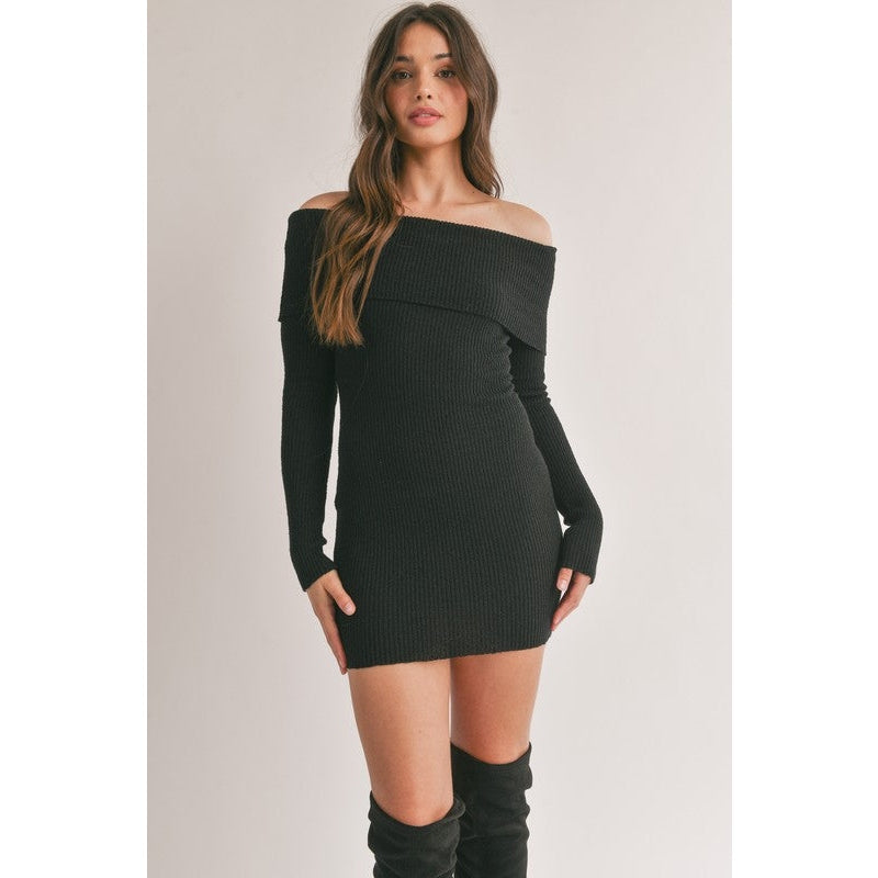 black layered mini dress Anna Off Shoulder Sweater Mini Dress – The Feral Market