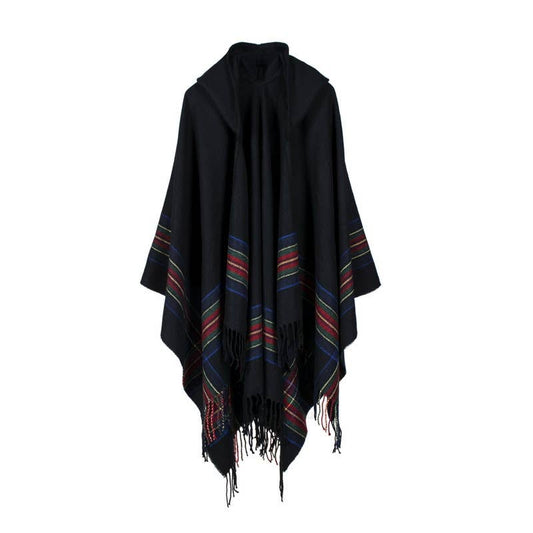Classic plaid faux wool tartan hooded ruana fringed shawl