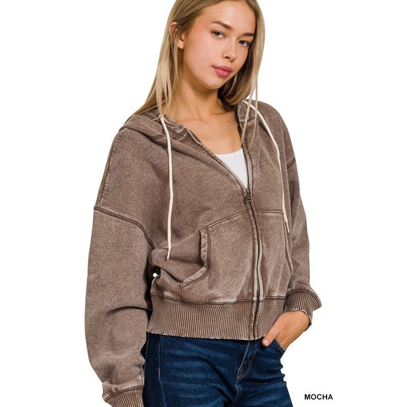 Acid Wash Fleece Cropped Zip Hoodie - The Feral Market