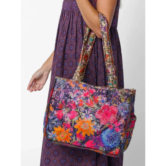 Reversible Puffy Tote Bag - Medium Brown Tuscany Border