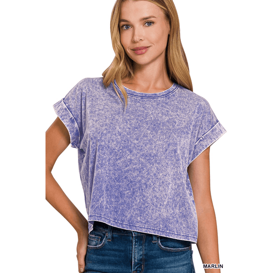 Washed Cotton Cuffed Short Sleeve Top