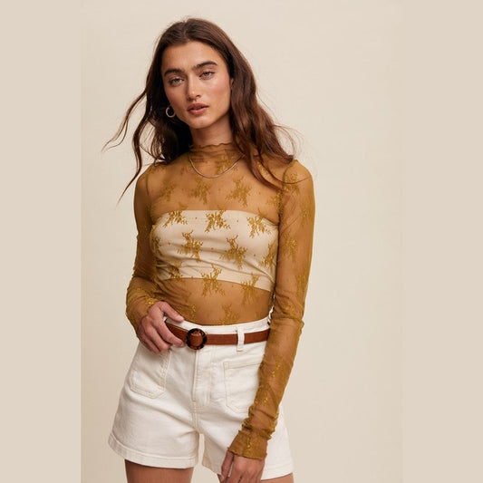 Lace Mock Neck Long Sleeve Layering Top