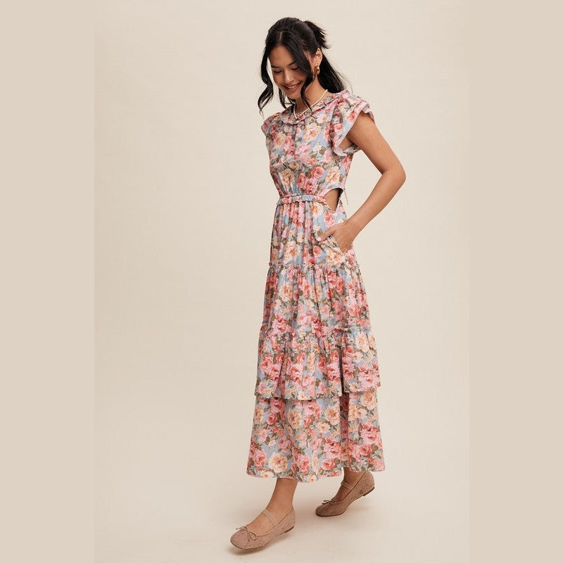Floral Print Ruffled Side Cutout Maxi Dress