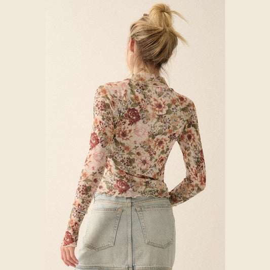 Floral Mesh Lettuce-Edge Thumbhole High-Neck Top