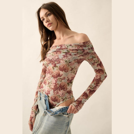 Amber Floral Mesh Off-Shoulder Knit Bodysuit
