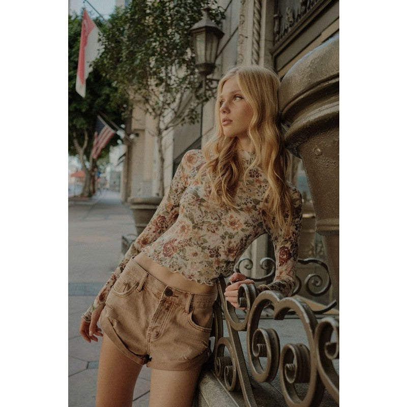 Floral Mesh Lettuce-Edge Thumbhole High-Neck Top