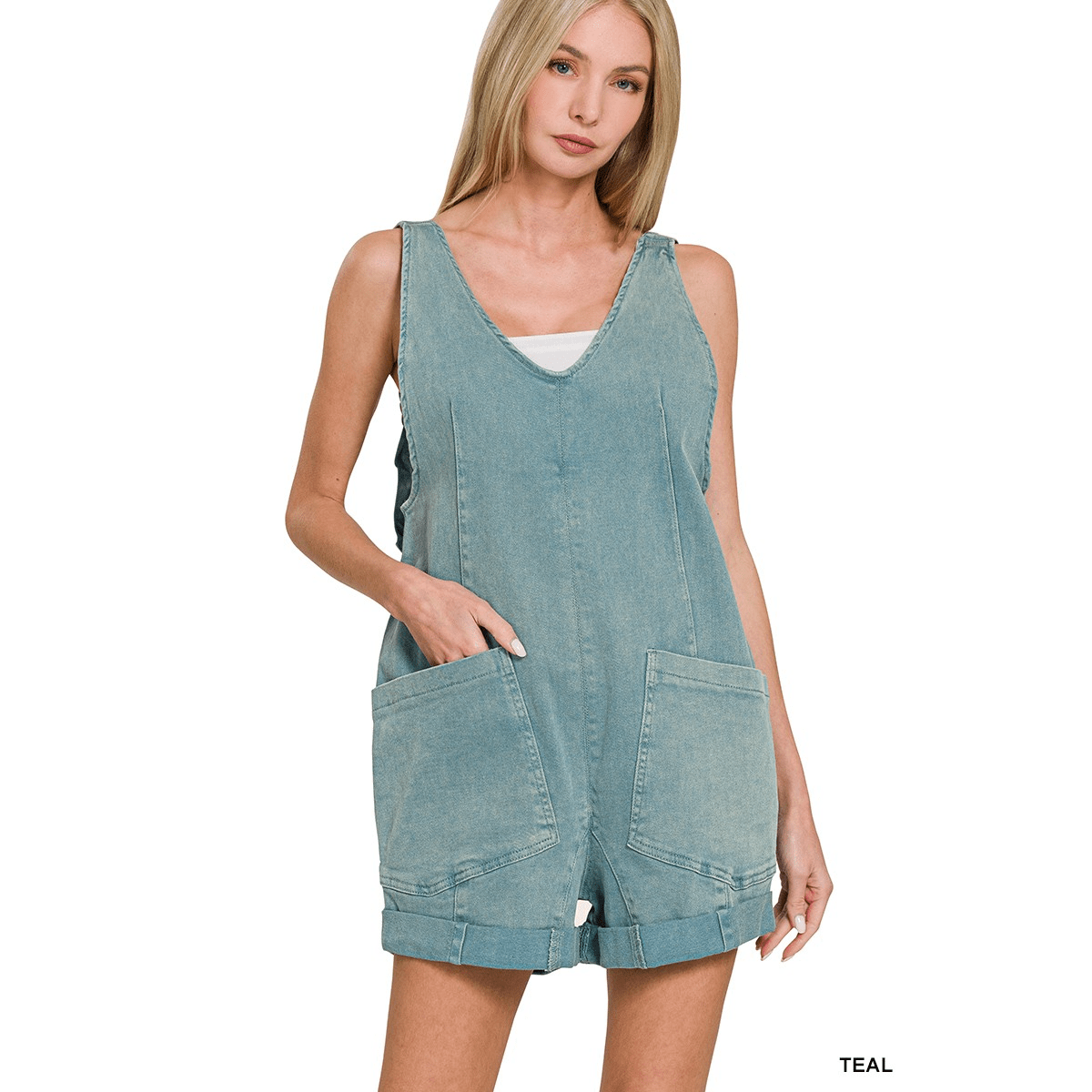 Aster Washed Denim Shorts Romper