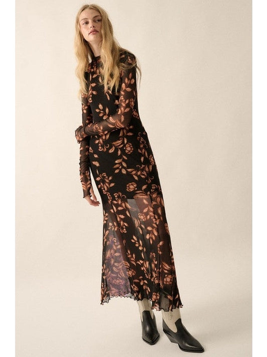 Sherra Floral Mesh Mock-Neck Lettuce-Edge Maxi Dress