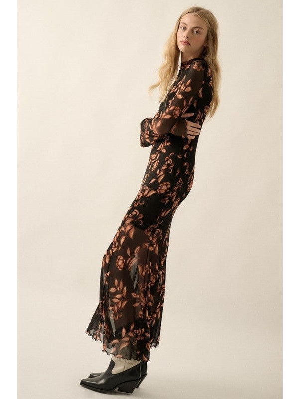 Sherra Floral Mesh Mock-Neck Lettuce-Edge Maxi Dress