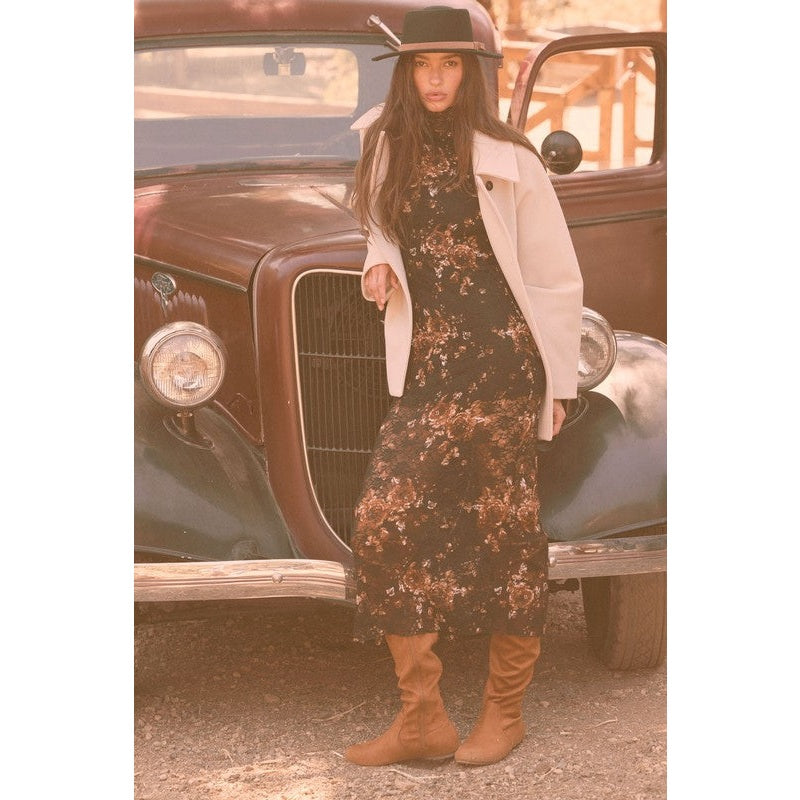 Tansy Floral-Print Lace Mock-Neck Long-Sleeve Midi Dress