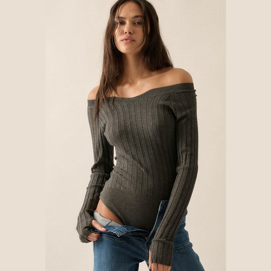 Solid Rib-Knit Off-Shoulder Bodysuit - The Feral Market