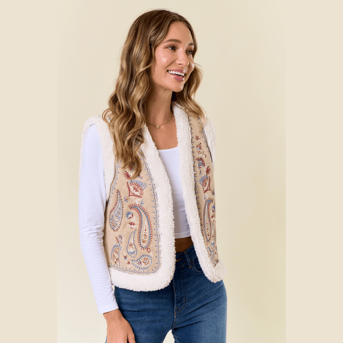 Shirley Embroidery Vest with Sherpa Lining