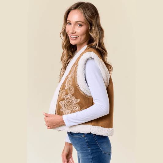 Paulina Embroidery Vest with Sherpa Lining