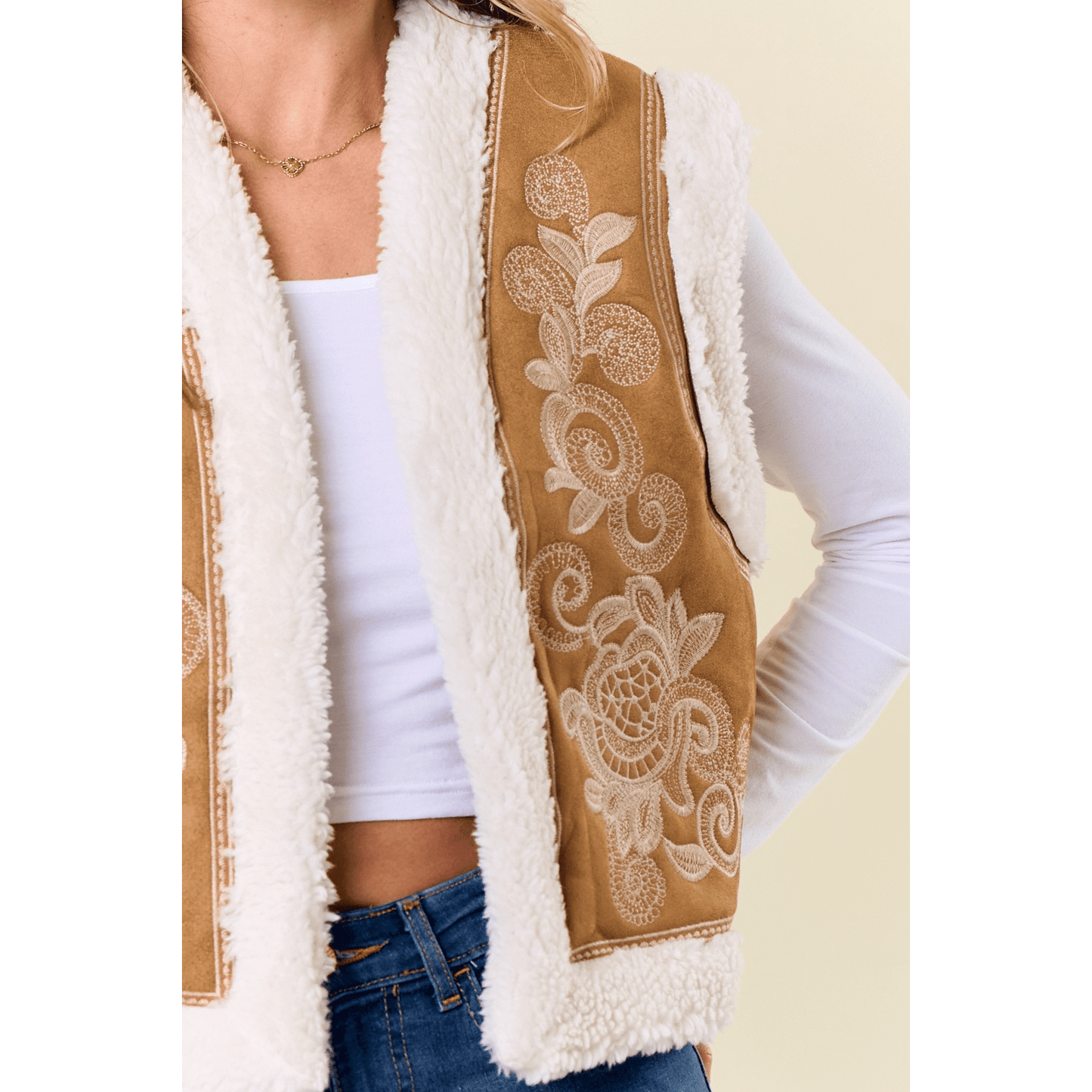 Paulina Embroidery Vest with Sherpa Lining