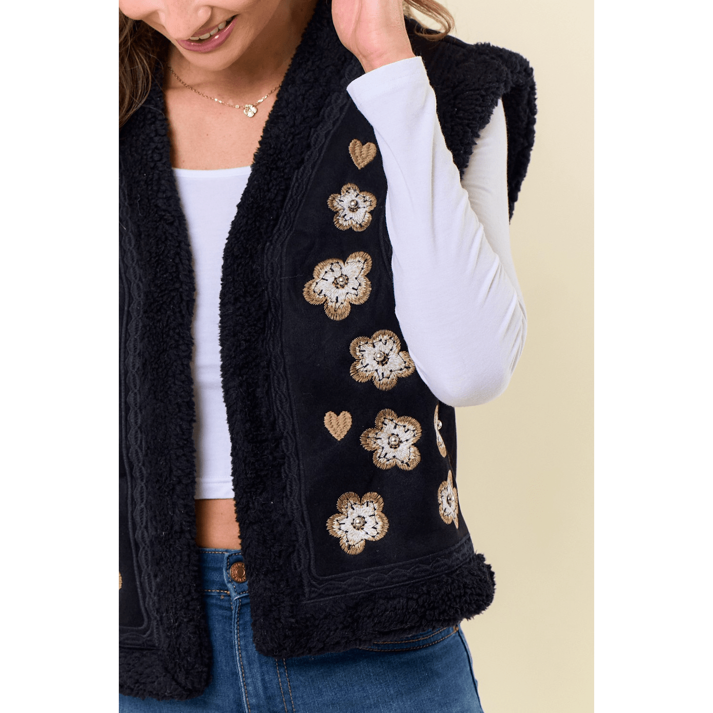 Emmie Embroidery Vest with Sherpa Lining