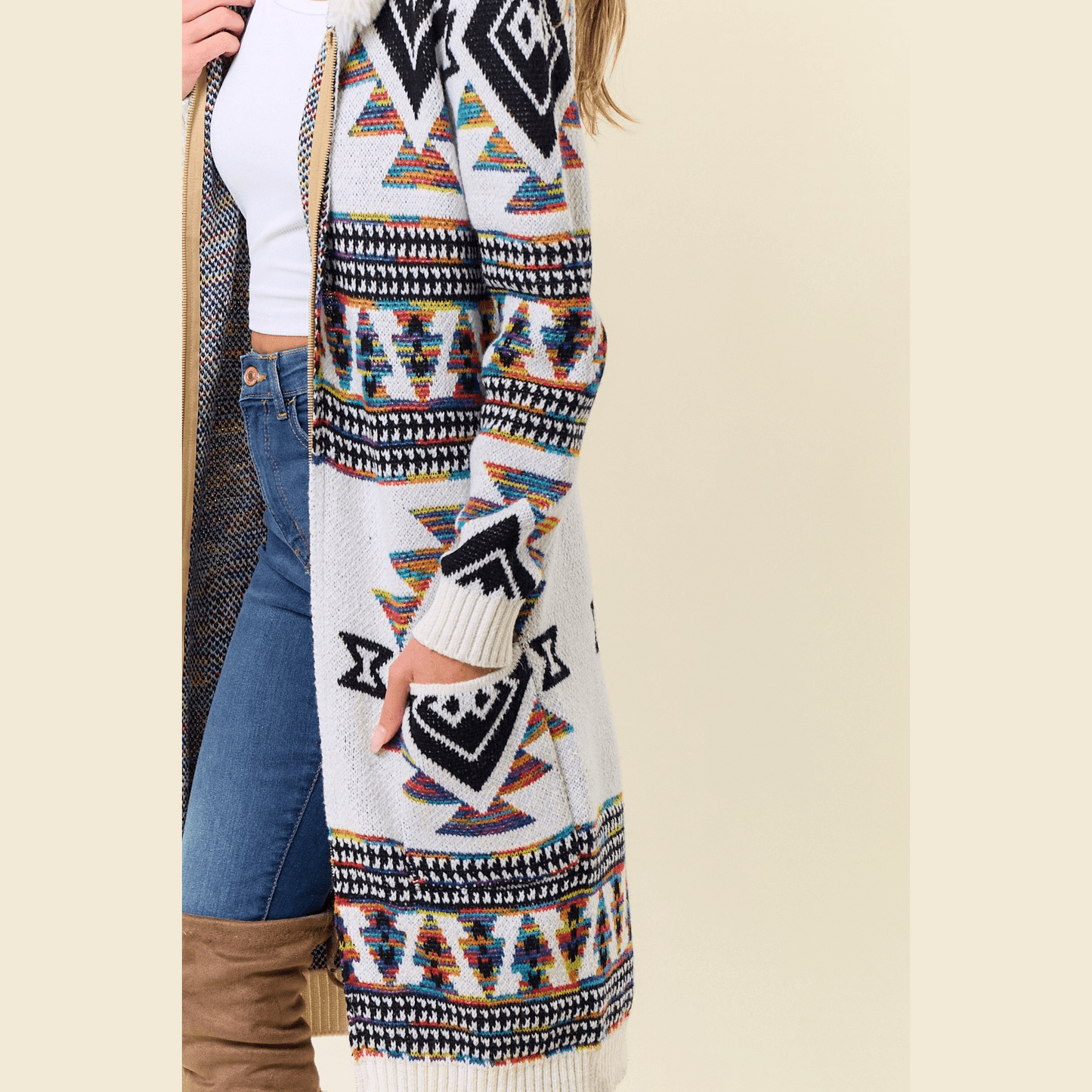 Tiva Aztec Sweater Hooded Fur Cardigan