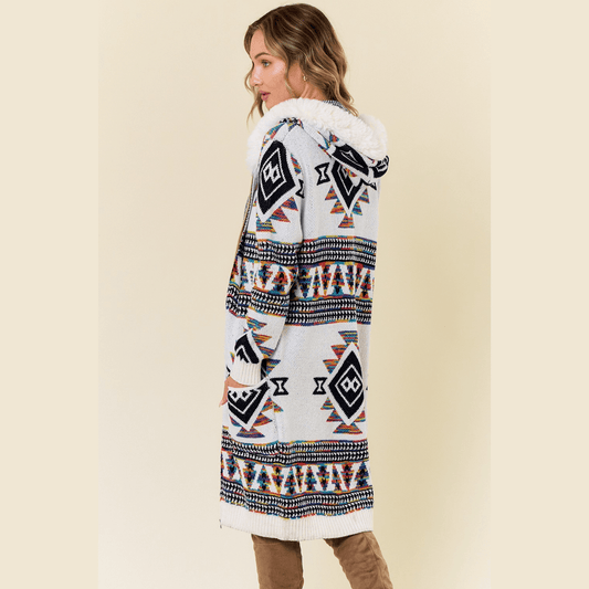 Tiva Aztec Sweater Hooded Fur Cardigan