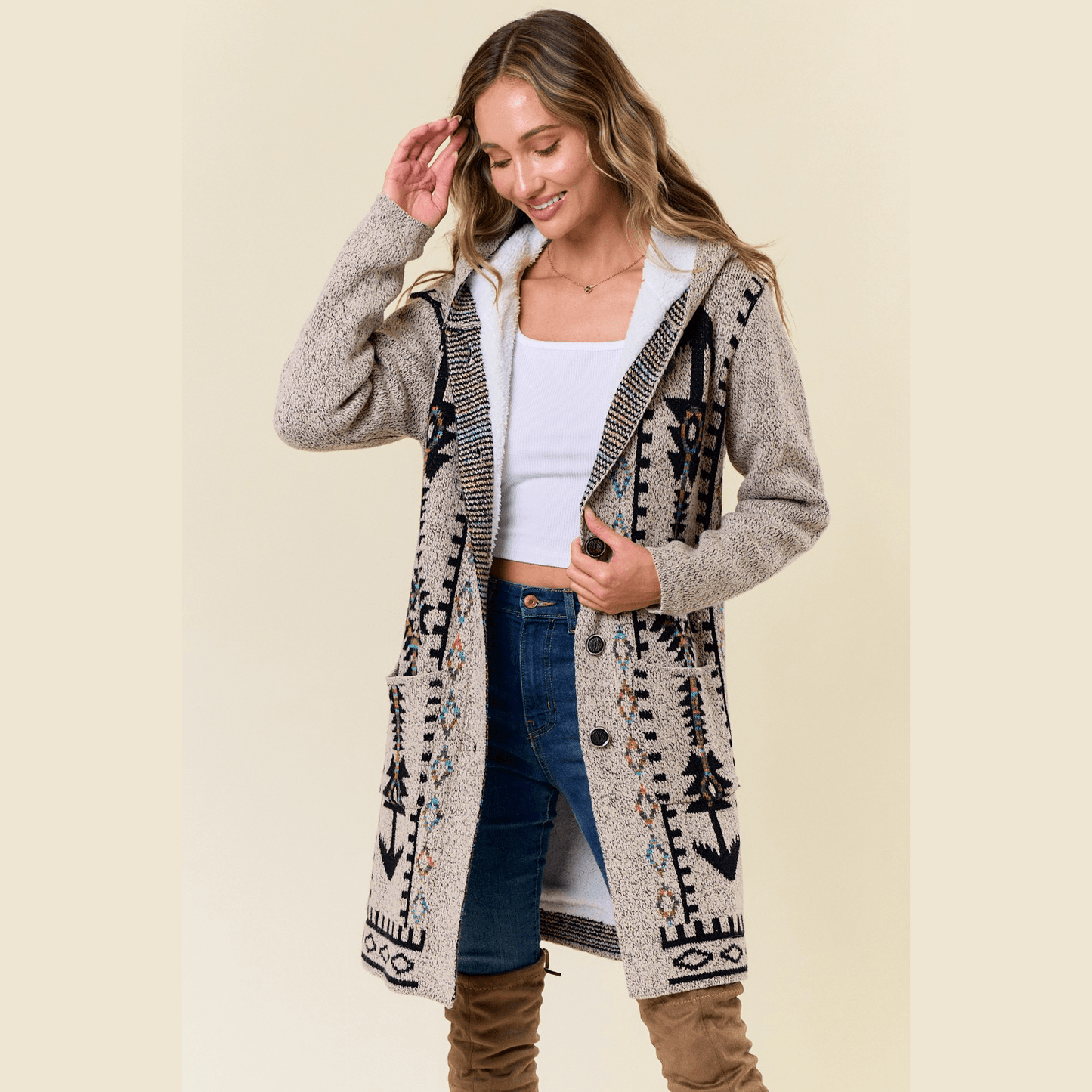 Chenoa Sweater Hooded Long Cardigan w/ Sherpa Lining