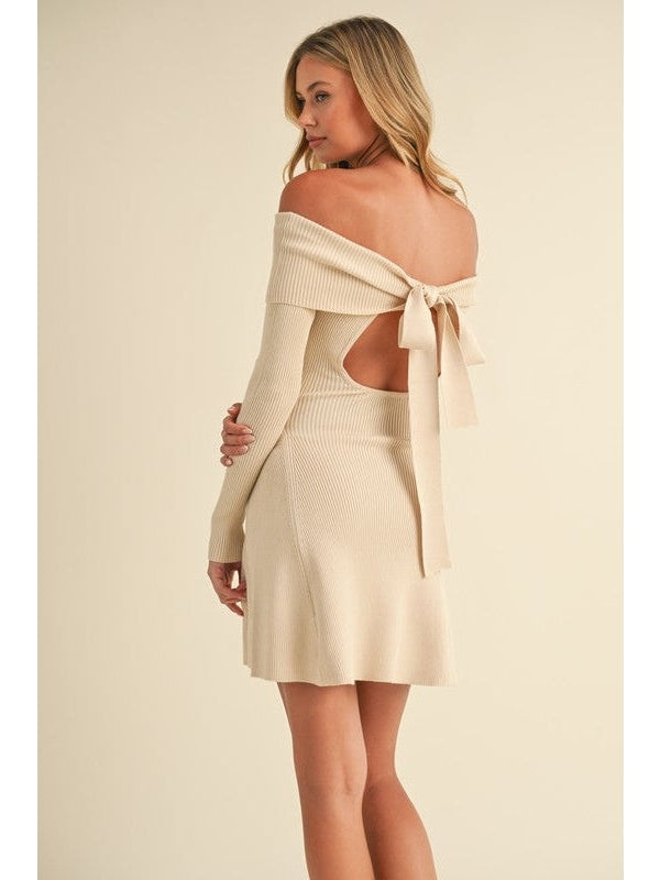 sweater mini dress Justine Back Bow Off Shoulder Sweater Mini Dress