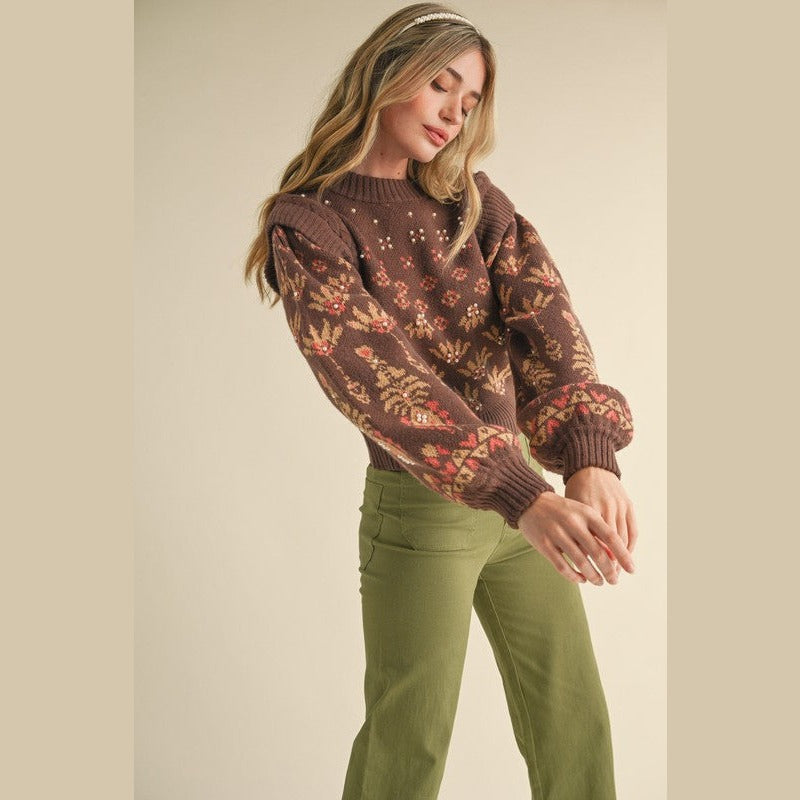 Stephanie Pearl Embellished Puff Sleeve Sweater