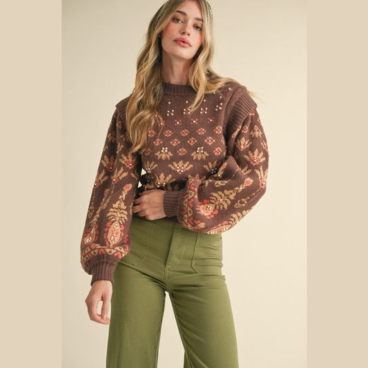 Stephanie Pearl Embellished Puff Sleeve Sweater