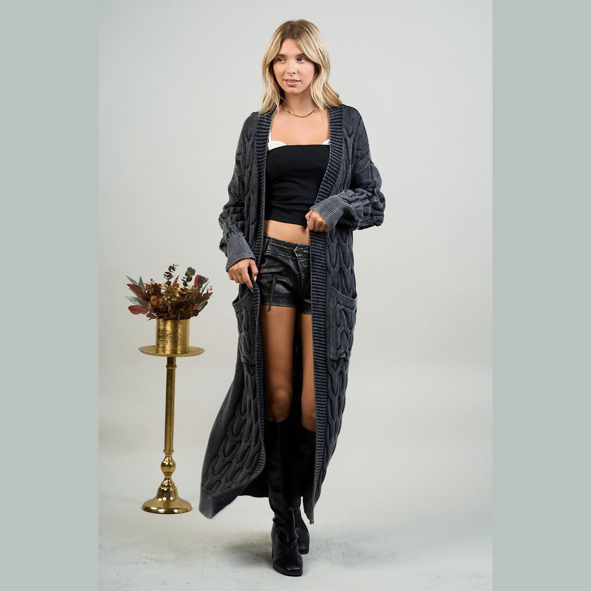 Mineral Wash Open Front Cable Knit Long Cardigan