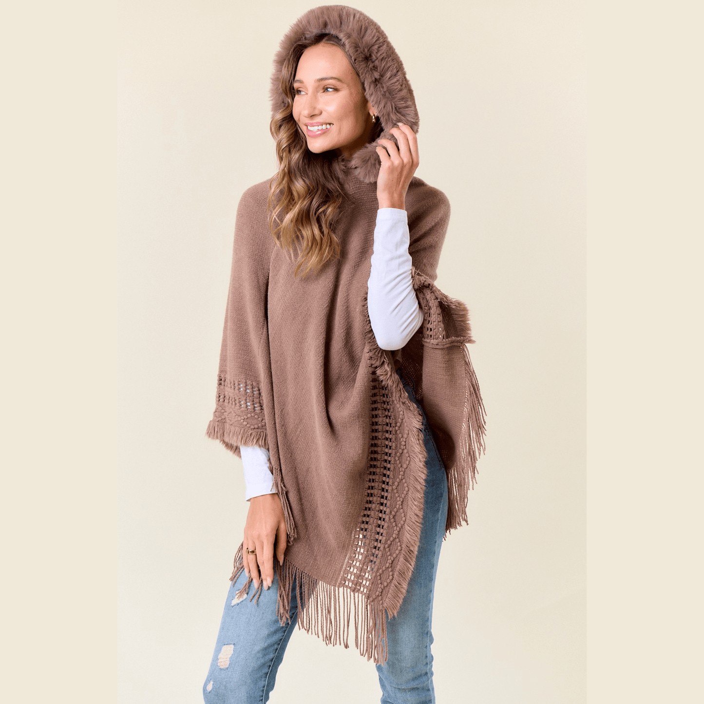 Faux Fur Trim Poncho