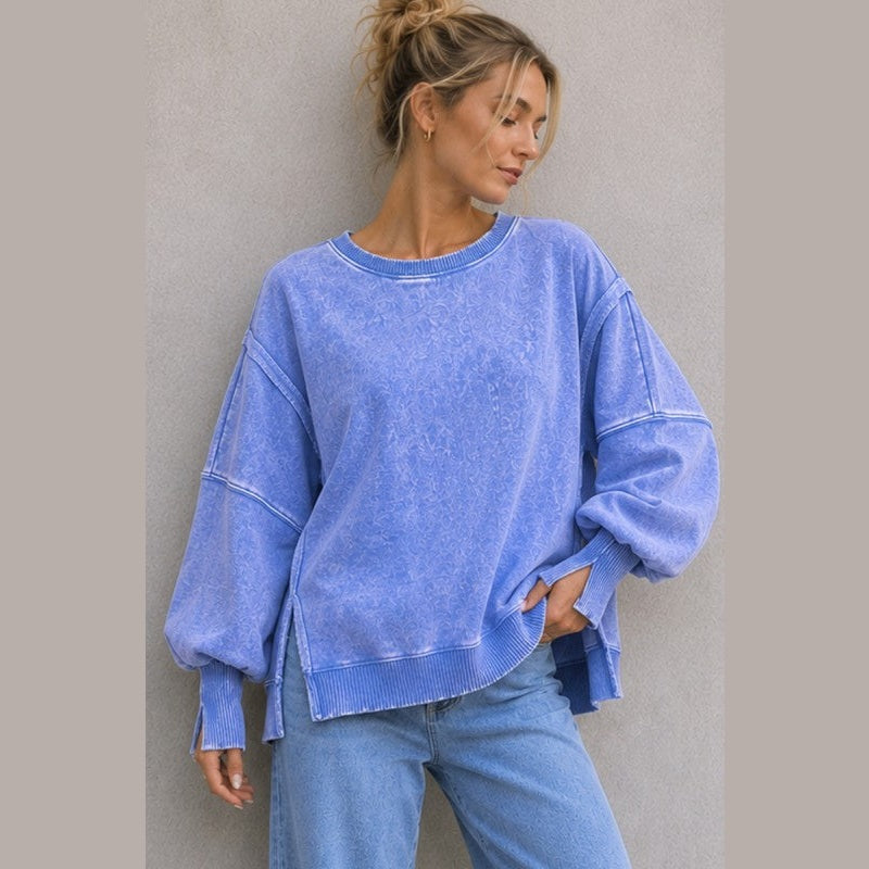 Acid Washed Batwing Sleeve Fleece Sweatshirts