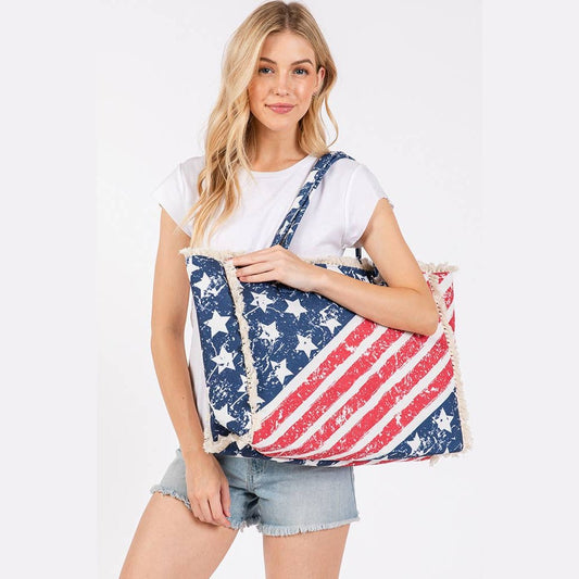 American Flag Pattern with Fringe Summer Tote Bag