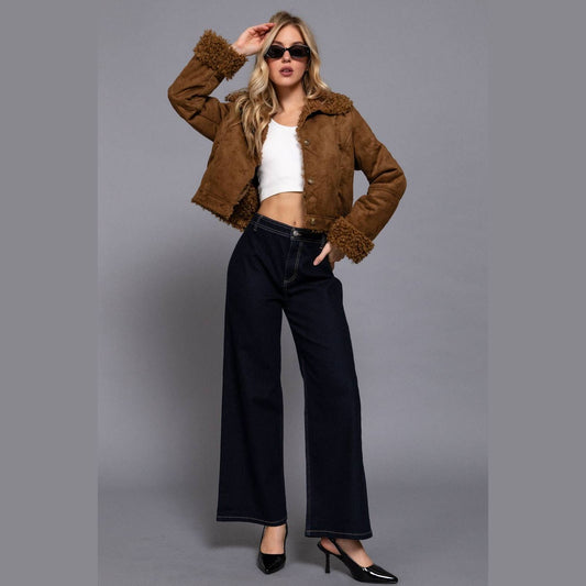 Long Sleeve Inside Fur Detail Penny Lane Suede Short Jacket - The Feral Market