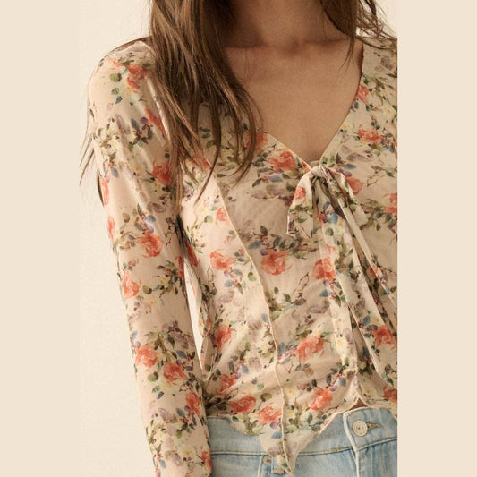 Floral-Print Mesh V-Neck Bell-Sleeve Top