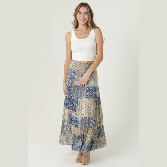 SMOCKED WAISTBAND PATCHWORK PRINT A LINE TIERED M - The Feral Market