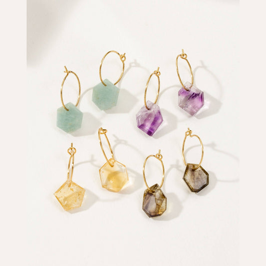 14Kt Sterling Silver Geometry Mini Hoop Earrings-Labradorite