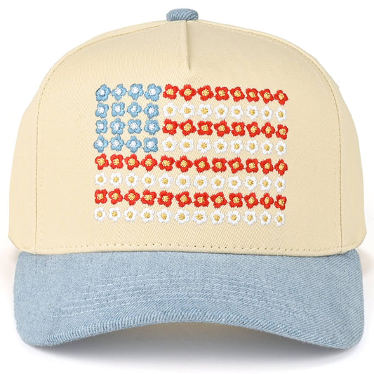 C.C Daisy Flower Pattern USA Flag Trucker Cap