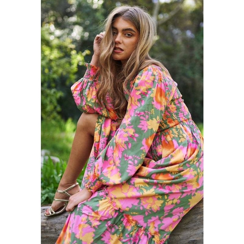 Chloe Smocked Bodice Long Balloon Sleeve Maxi Dress - Bright Floral / Large Chloe Smocked Bodice Long Balloon Sleeve Maxi Dress - Bright Floral / Large