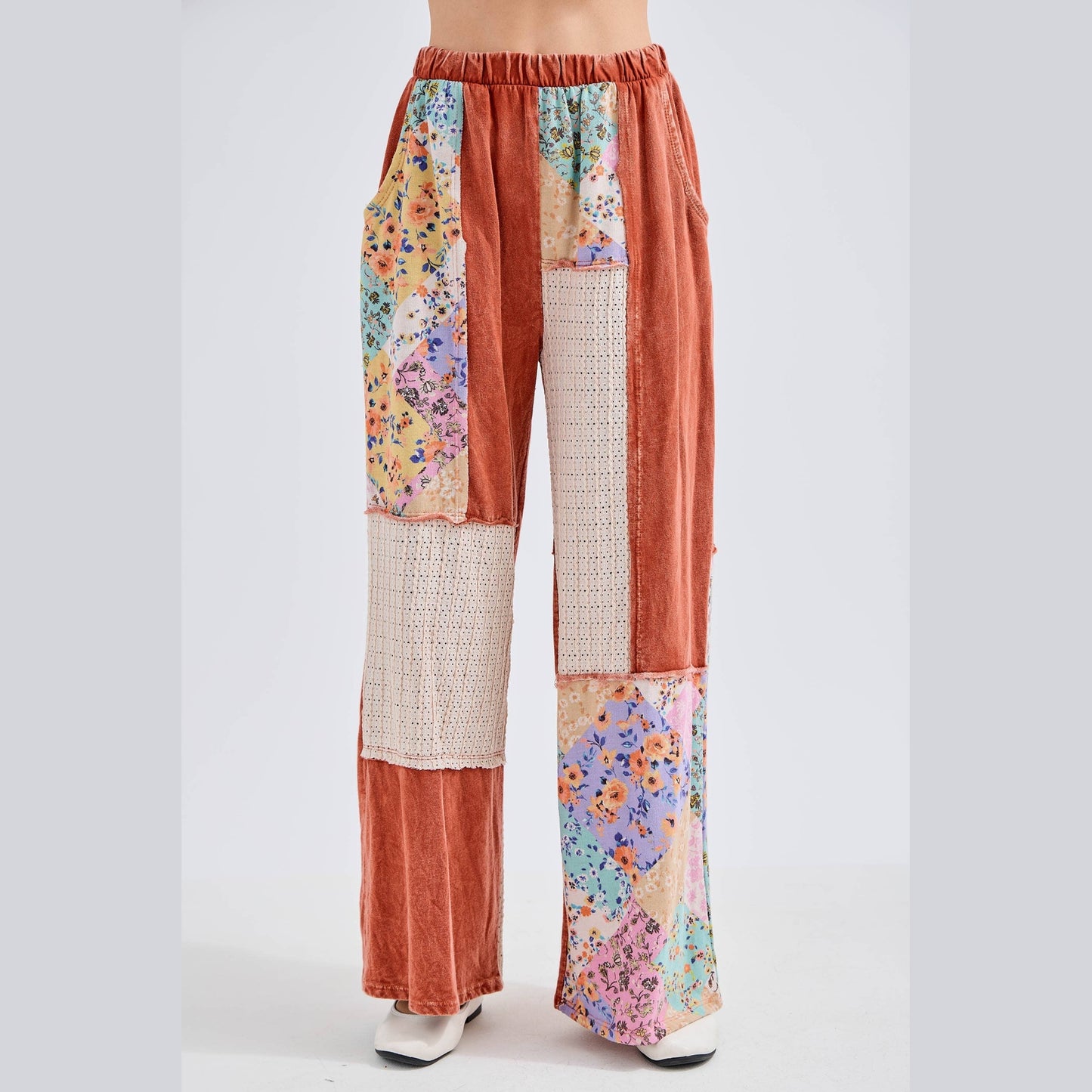 Mineral Washed Floral Wave Knit Jacquard Boho Pants