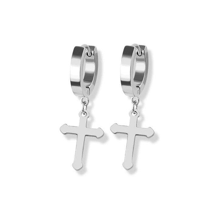 STAINLESS STEEL HUGGIE/HOOP EARRINGS WITH CROSS