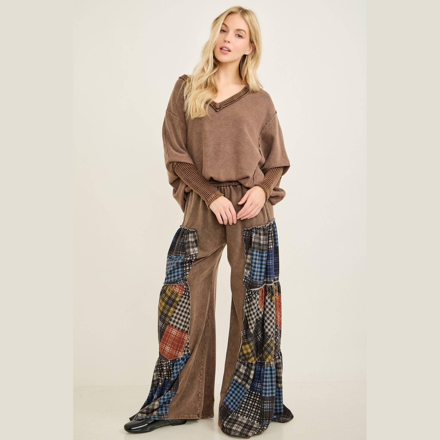 Mineral Washed Tiered Plaid Wide Flare Pants
