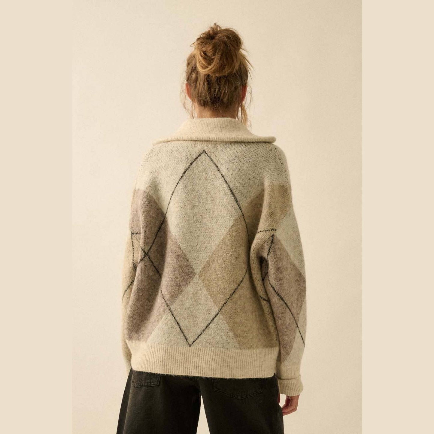 Argyle Plaid Knit Split-Neck Collared Sweater